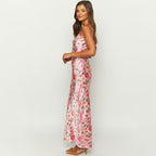 Anna | Elegant Pink Floral Satin Slip Maxi Dress for Women - Honeyvine