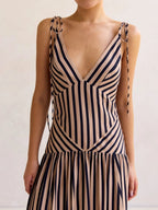 Women's Striped Maxi Dress – Sleeveless Deep V-Neck A-Line Summer Dress with Tie Straps - Honeyvine