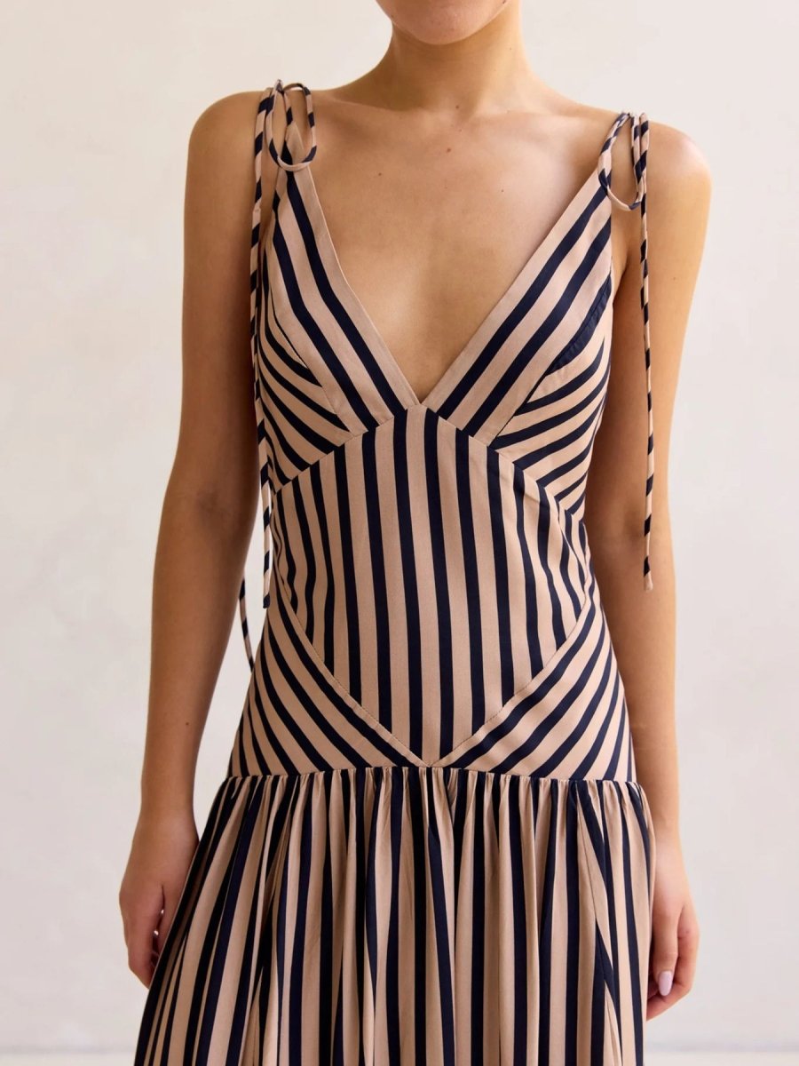 Women's Striped Maxi Dress – Sleeveless Deep V-Neck A-Line Summer Dress with Tie Straps - Honeyvine