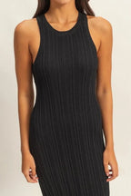 Amelia | Elegant Black Pleated Midi Summer Dress - HoneyvineDress