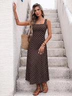 Polka Dot Maxi Dress – Sleeveless Square Neck A-Line Summer Dress - Honeyvine