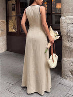 Noelle | Chic V-Neck Linen Look Maxi Dress - HoneyvineDress