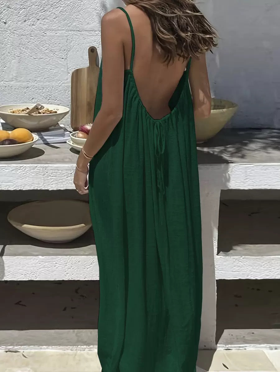 Solene | Bohemian Backless Pleated Cami Maxi Dress