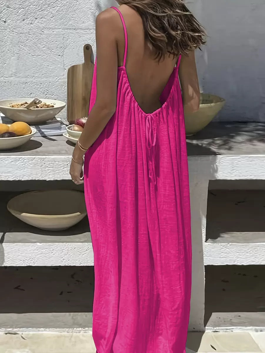 Solene | Bohemian Backless Pleated Cami Maxi Dress