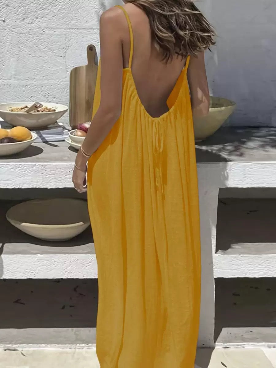 Solene | Bohemian Backless Pleated Cami Maxi Dress