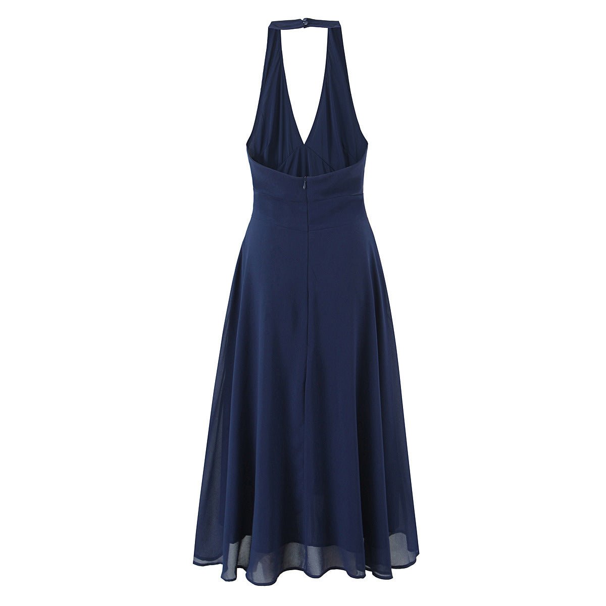 Alice | Deep V Navy Halter Deep V Neck Midi Dress - Honeyvine
