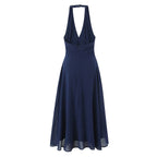 Alice | Deep V Navy Halter Deep V Neck Midi Dress - Honeyvine