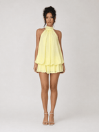 Women's Halter Neck Chiffon Mini Dress – Elegant Sleeveless Backless Party Dress with Flowy Hem - Yellow - HoneyvineDress