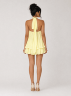 Women's Halter Neck Chiffon Mini Dress – Elegant Sleeveless Backless Party Dress with Flowy Hem - Yellow - HoneyvineDress