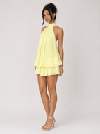 Women's Halter Neck Chiffon Mini Dress – Elegant Sleeveless Backless Party Dress with Flowy Hem - Yellow - HoneyvineDress