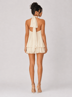 Women's Halter Neck Mini Dress – Elegant Backless Chiffon Cocktail Dress with Flowy Tiered Hem - HoneyvineDress