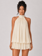 Women's Halter Neck Chiffon Mini Dress – Elegant Sleeveless Backless Cocktail Dress with Flowy Hem - Khaki - HoneyvineDress