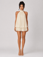 Women's Halter Neck Mini Dress – Elegant Backless Chiffon Cocktail Dress with Flowy Tiered Hem - HoneyvineDress