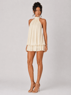 Women's Halter Neck Mini Dress – Elegant Backless Chiffon Cocktail Dress with Flowy Tiered Hem - HoneyvineDress