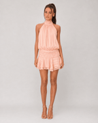 Women's Pleated Halter Mini Dress – Elegant Sleeveless Chiffon Party Dress with Ruffle Hem – Peach - HoneyvineDress