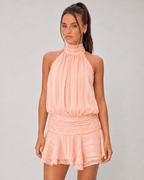 Women's Pleated Halter Mini Dress – Elegant Sleeveless Chiffon Party Dress with Ruffle Hem – Peach - HoneyvineDress