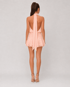 Women's Pleated Halter Mini Dress – Elegant Sleeveless Chiffon Party Dress with Ruffle Hem – Peach - HoneyvineDress