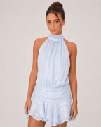 Elegant Pleated Halter Neck Romper for Women – Flowy Sleeveless Summer Playsuit – Baby Blue - HoneyvineDress