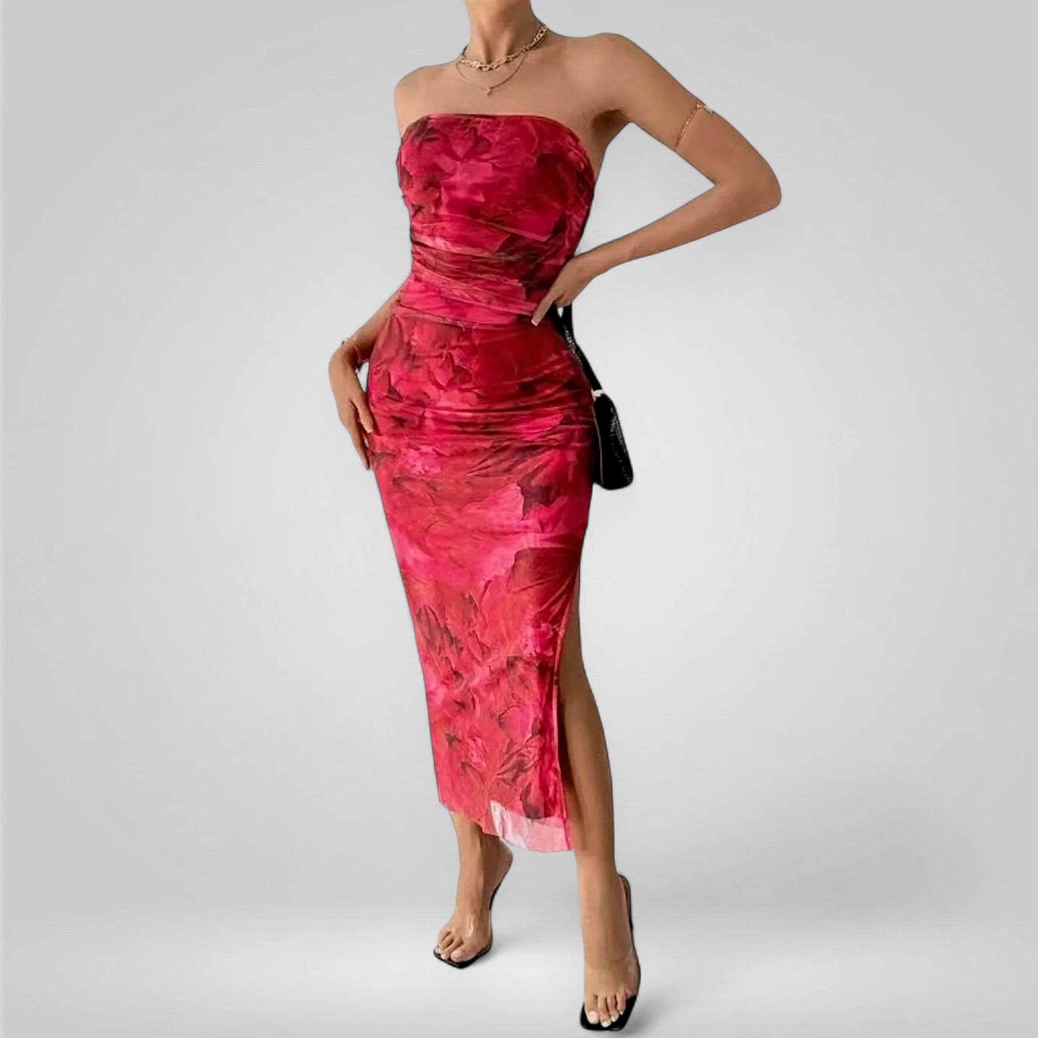 Yara | Vibrant Strapless Midi Dress with Floral Pattern