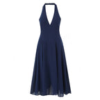 Alice | Deep V Navy Halter Deep V Neck Midi Dress - Honeyvine