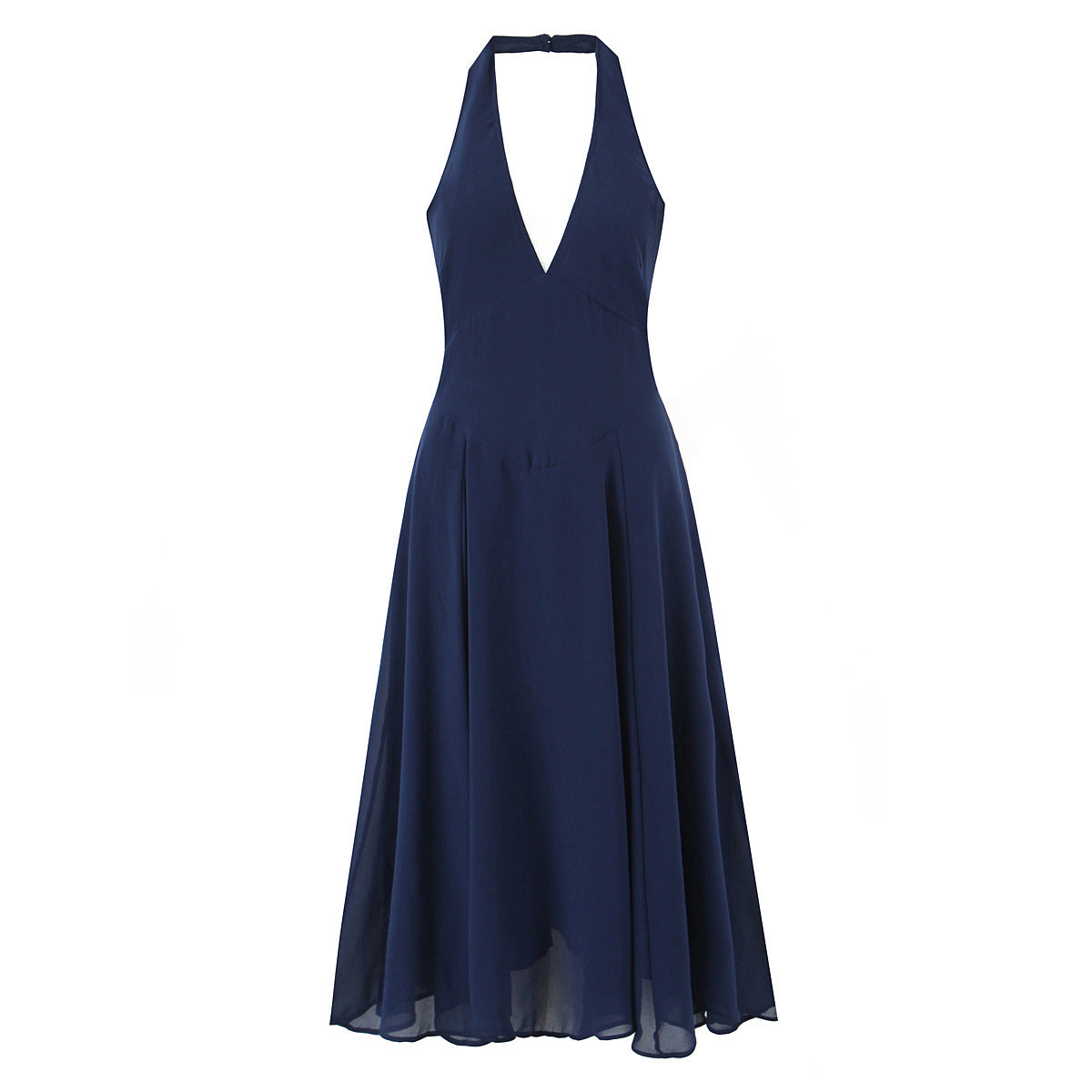 Alice | Deep V Navy Halter Deep V Neck Midi Dress