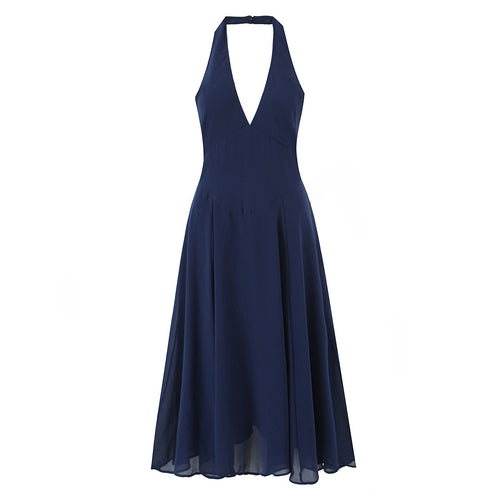 Alice | Deep V Navy Halter Deep V Neck Midi Dress
