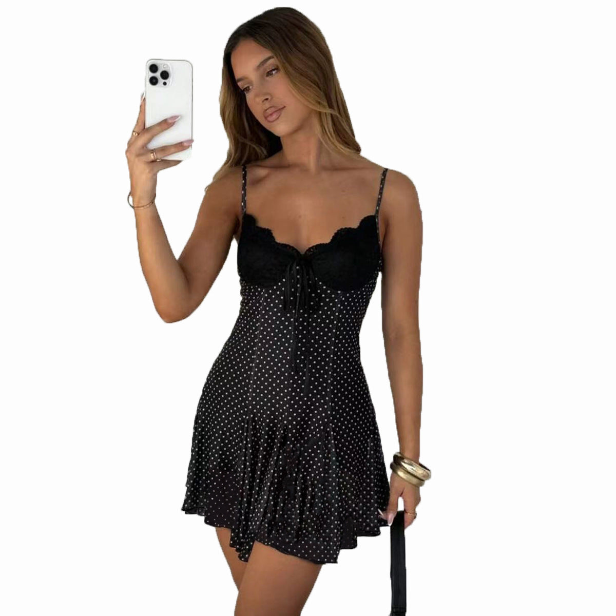 Aline | Polka Dot Lace Trim A-Line Mini Dress