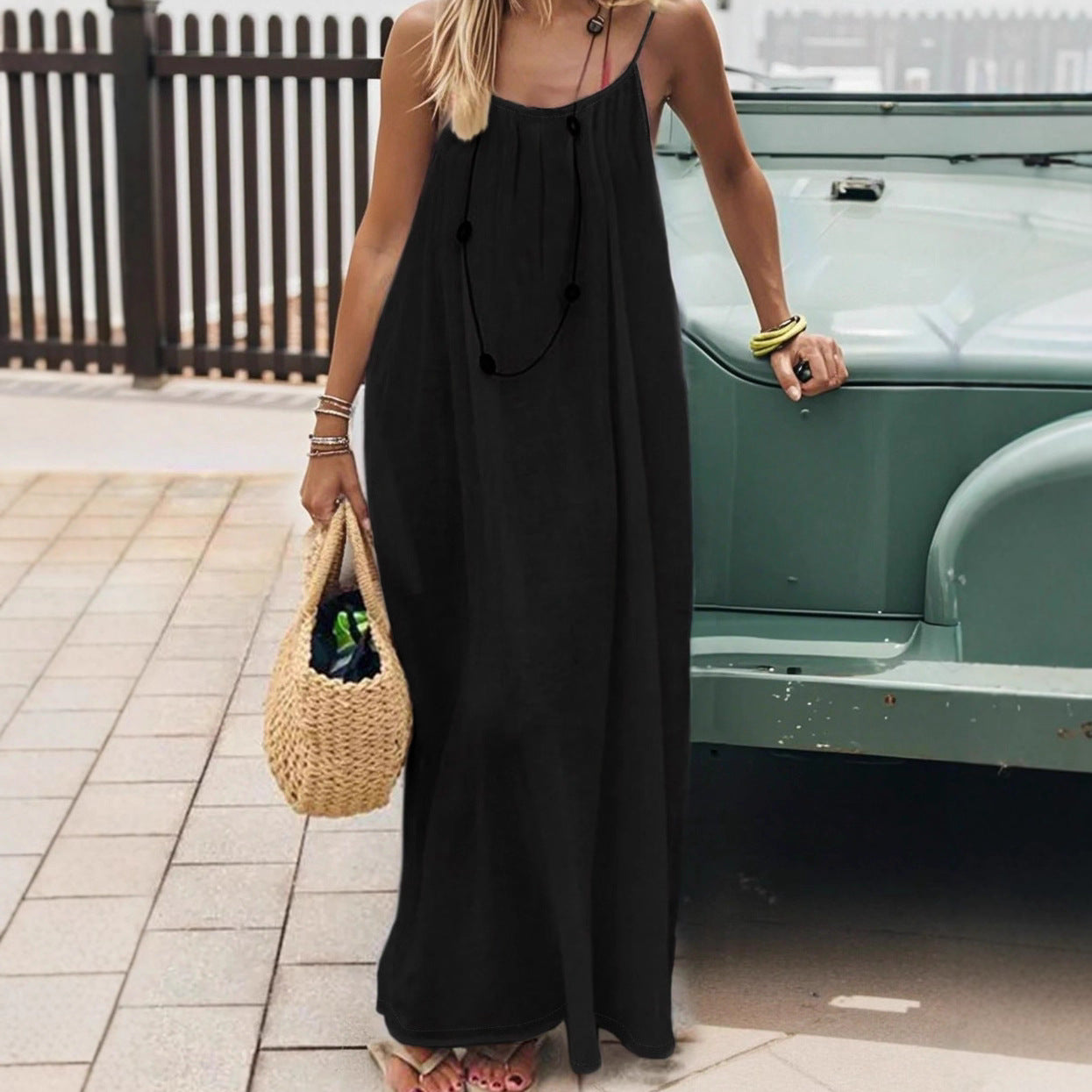 Solene | Bohemian Backless Pleated Cami Maxi Dress