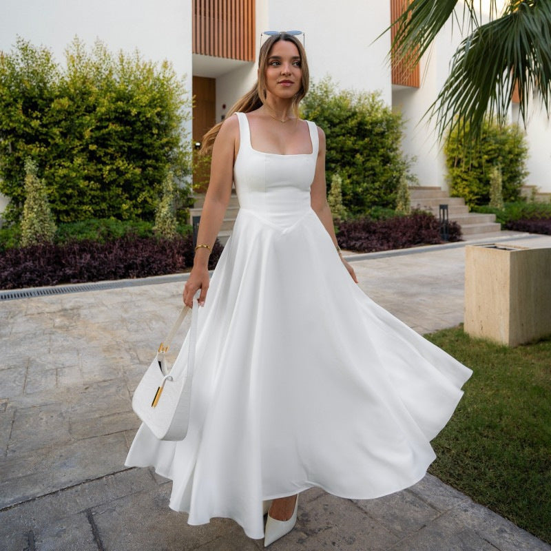 Summer Dress Square-Neck Halter Maxi Dress – Chic Cinched Waist