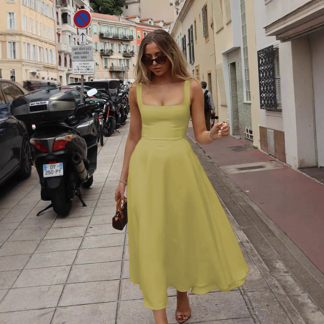 Summer Dress Square-Neck Halter Maxi Dress – Chic Cinched Waist