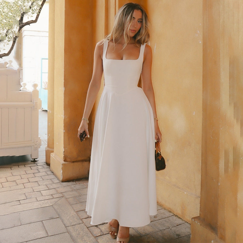 Summer Dress Square-Neck Halter Maxi Dress – Chic Cinched Waist