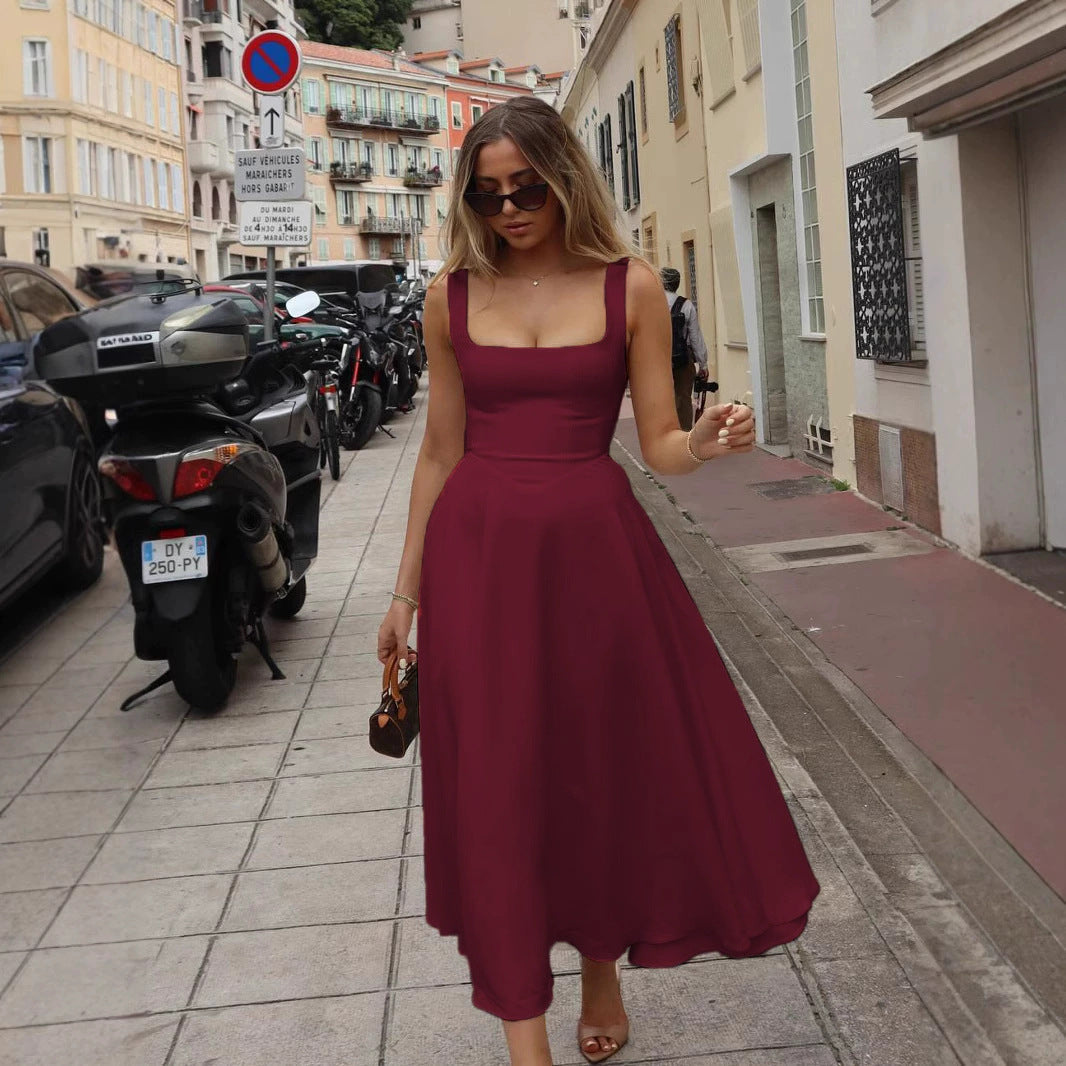 Summer Dress Square-Neck Halter Maxi Dress – Chic Cinched Waist