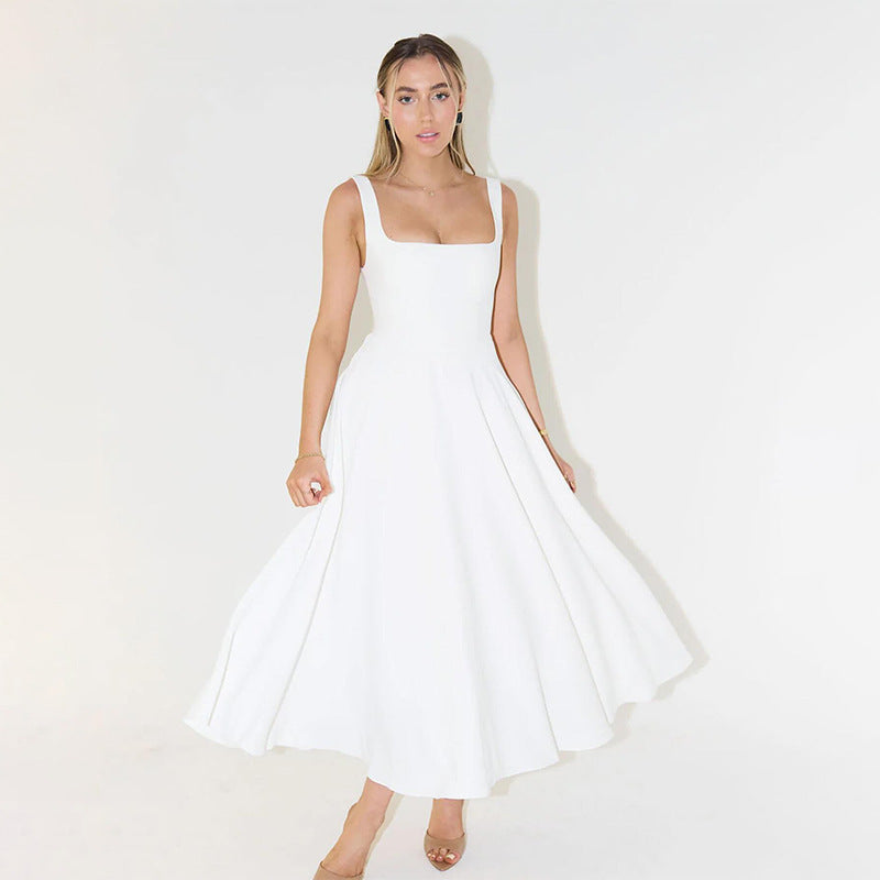 Summer Dress Square-Neck Halter Maxi Dress – Chic Cinched Waist
