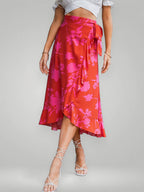 Marlene | Bright Red Floral Wrap Midi Skirt