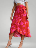 Marlene | Bright Red Floral Wrap Midi Skirt