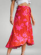 Marlene | Bright Red Floral Wrap Midi Skirt