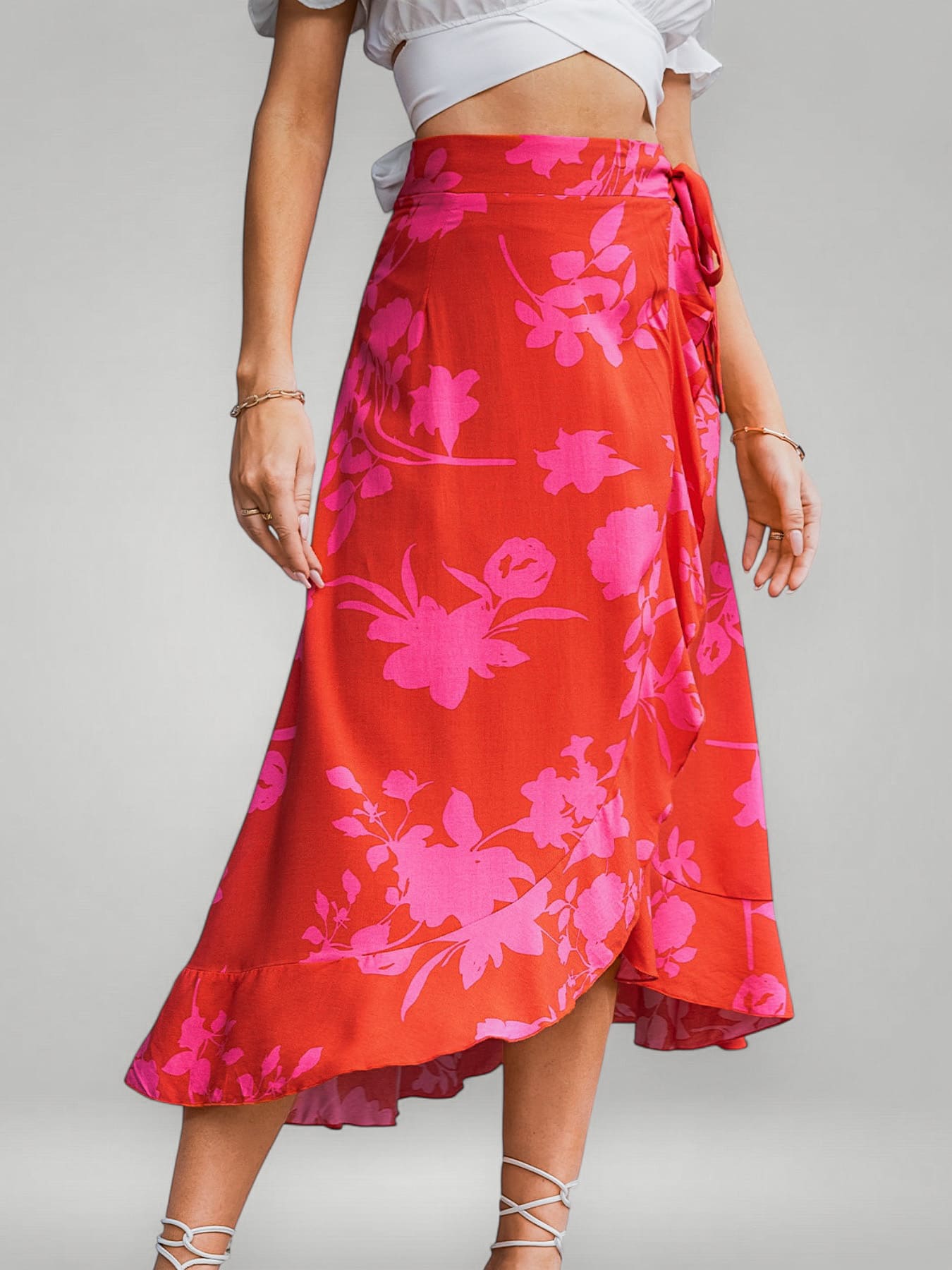Marlene | Bright Red Floral Wrap Midi Skirt