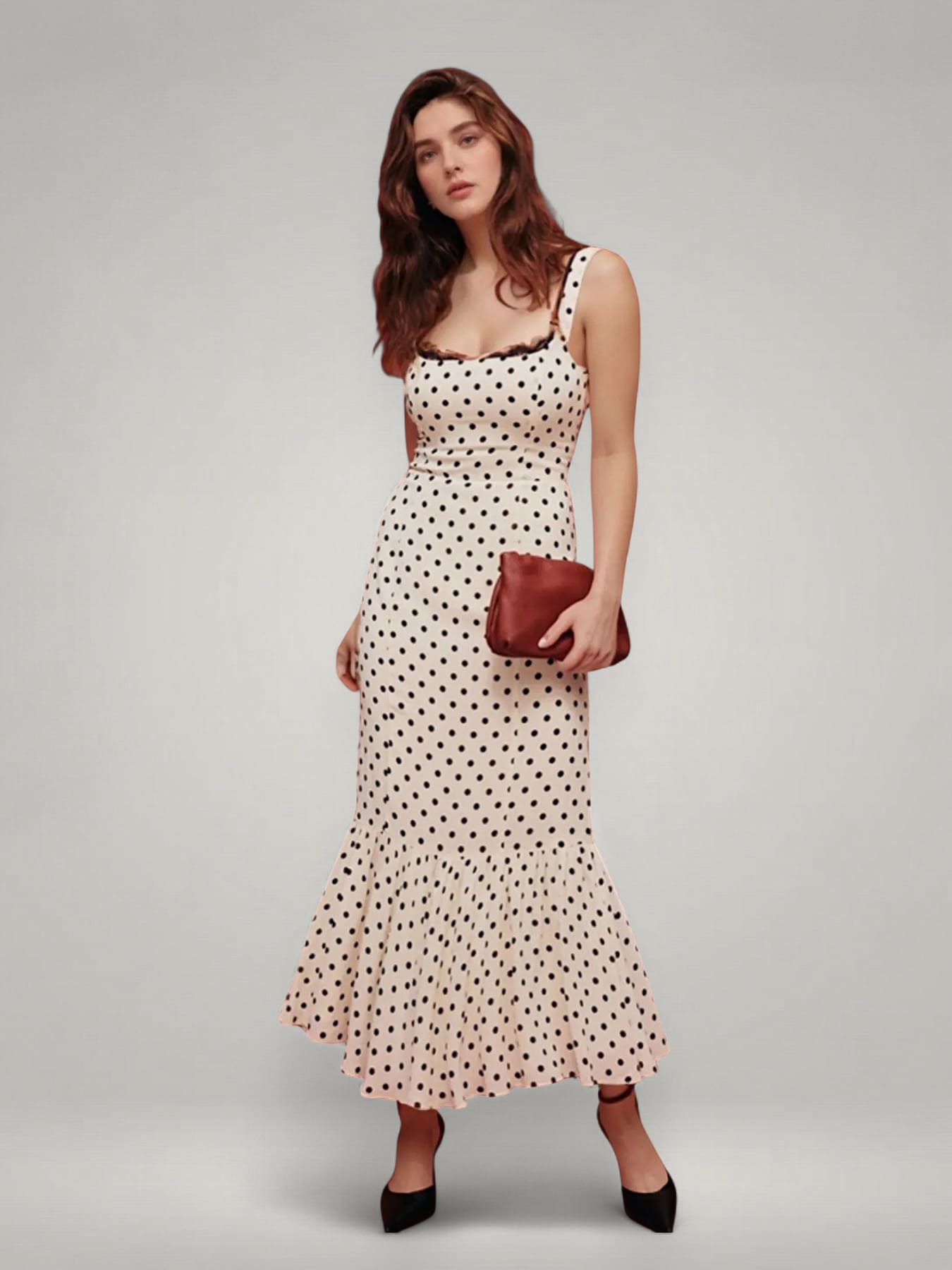 Rhea | Polka Dot Ruffle Hem Midi