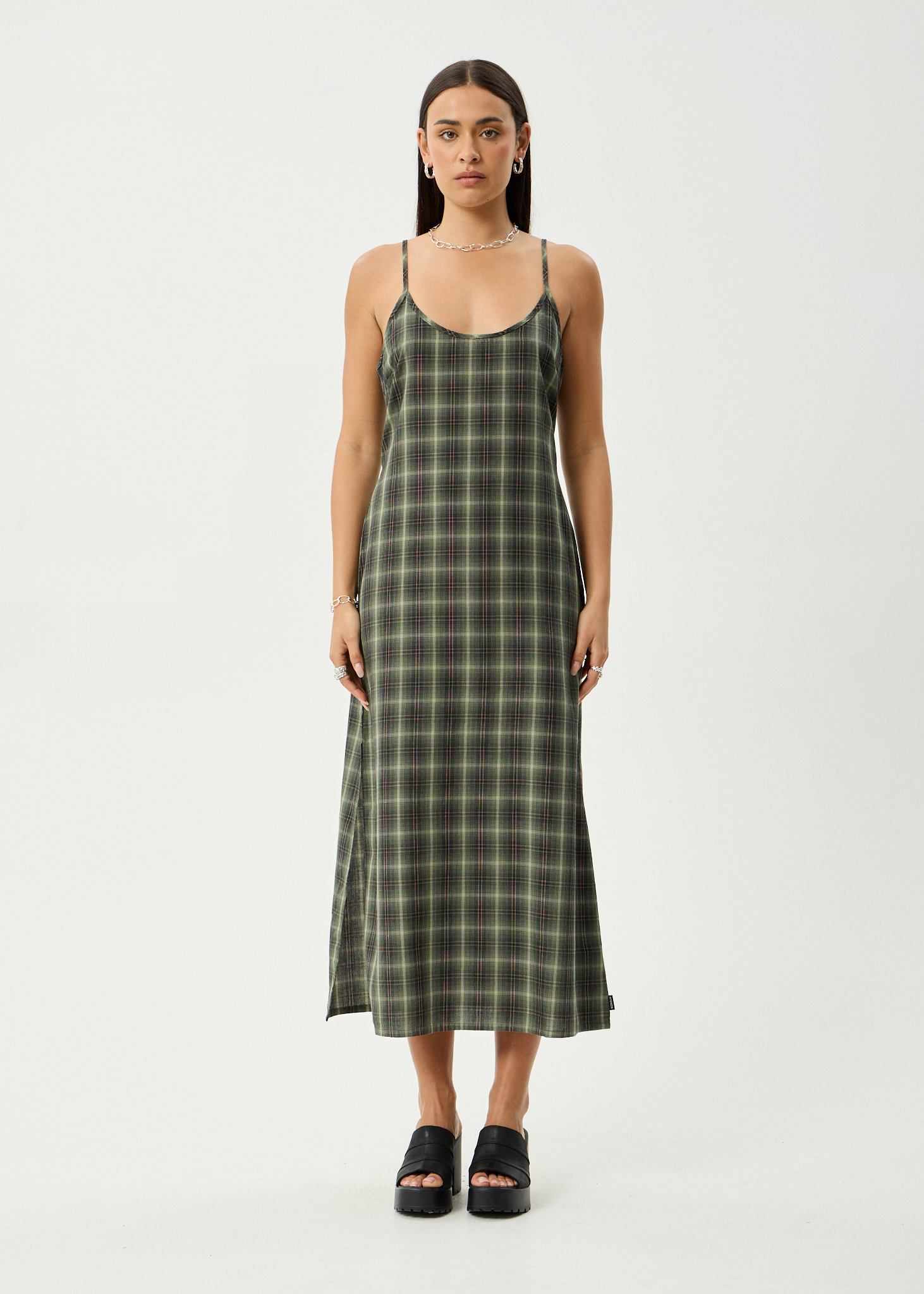 Rosamund | Low-Back Olive Check Maxi Dress