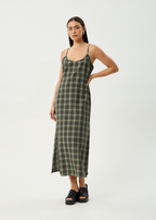 Rosamund | Low-Back Olive Check Maxi Dress