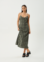 Rosamund | Low-Back Olive Check Maxi Dress