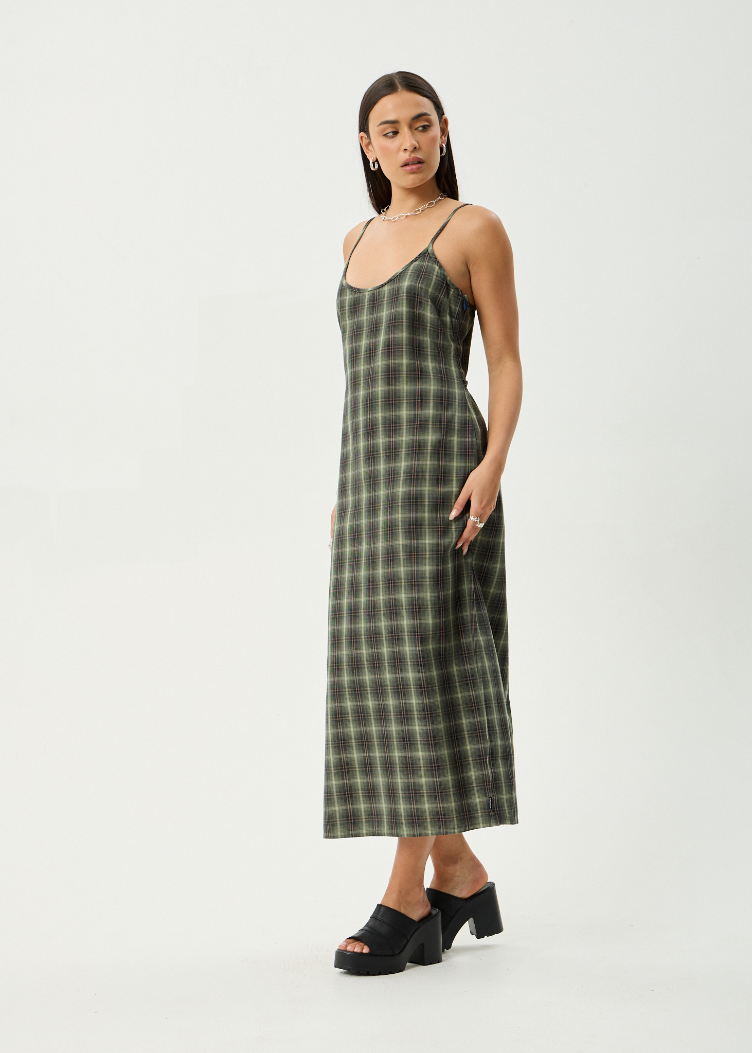 Rosamund | Low-Back Olive Check Maxi Dress