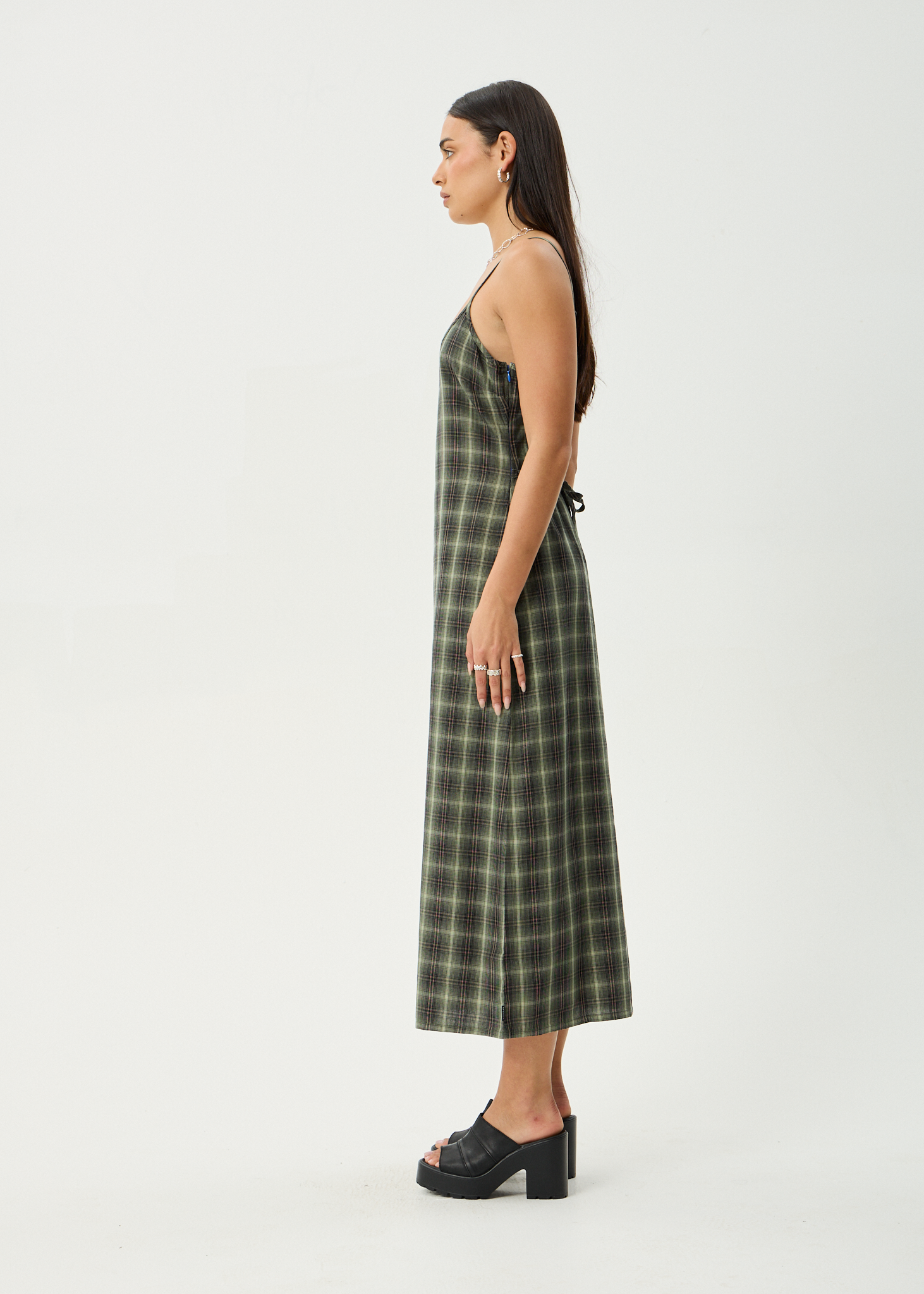Rosamund | Low-Back Olive Check Maxi Dress