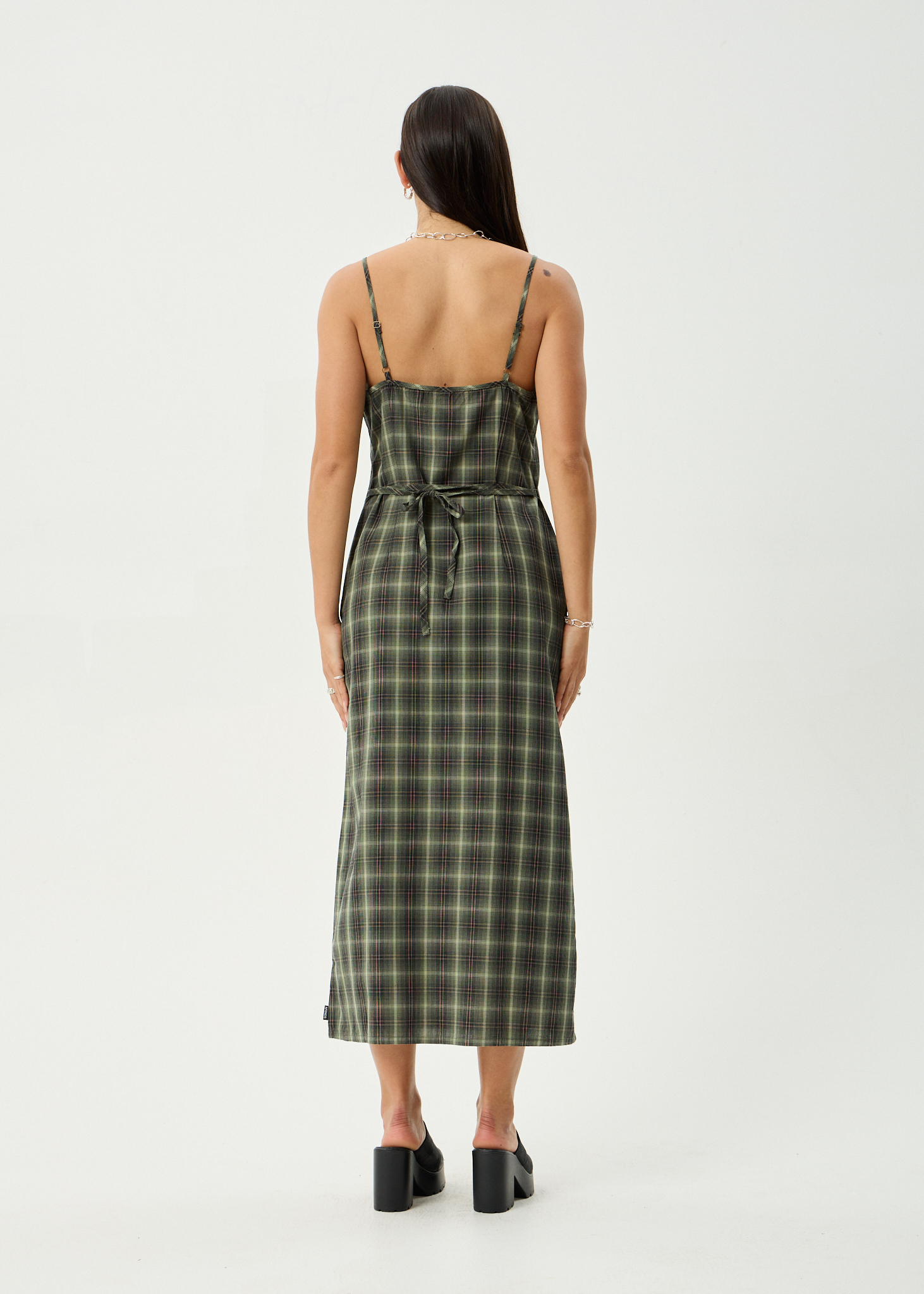 Rosamund | Low-Back Olive Check Maxi Dress