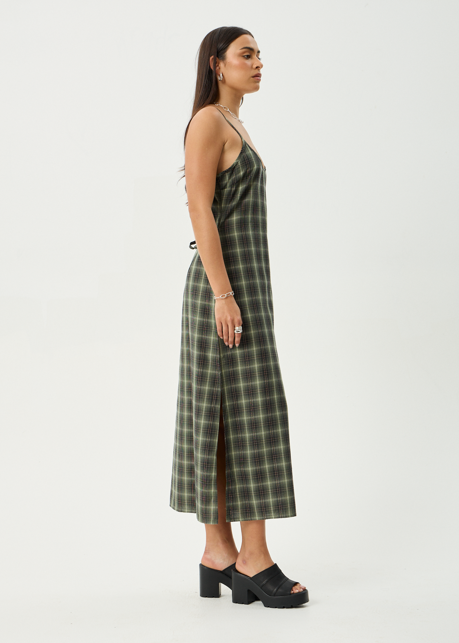 Rosamund | Low-Back Olive Check Maxi Dress