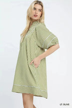 Cleo | Casual Green Striped Puff Sleeve Mini Dress – Relaxed Summer Dress - HoneyvineDress