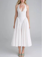 Mila | Elegant Deep V Neck Midi Summer Dress with Pockets - HoneyvineDress
