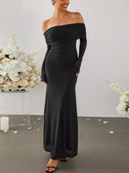 Women's Off Shoulder Maxi Dress – Elegant Long Sleeve Bodycon Evening Dress with Ruched Neckline - Honeyvine