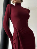 Women's High Neck Maxi Dress – Elegant Long Sleeve Bodycon Dress with Front Slit - Honeyvine
