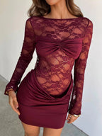Amy | Lace Sheer Cutout Back Long Sleeve Party Dress - HoneyvineDress